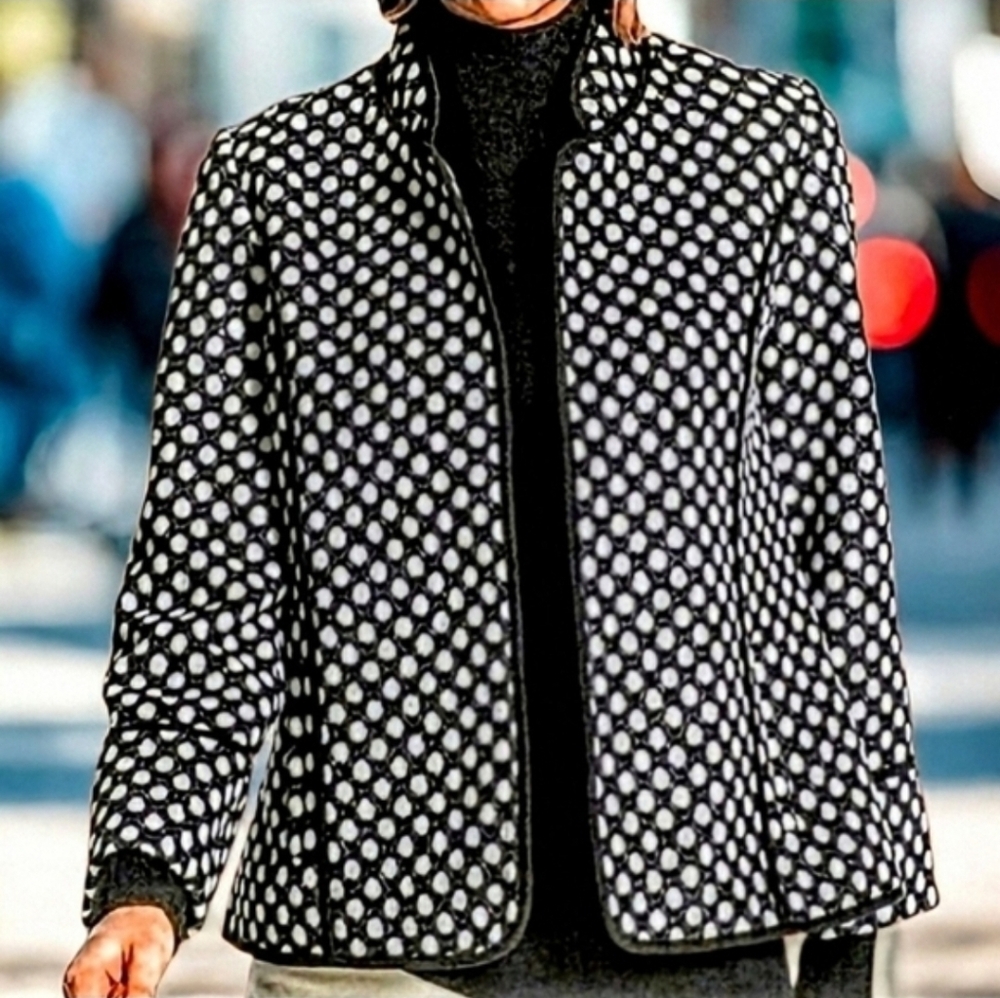 Chico's Sz 2 (L) Plush Fleece Polka Dot Mandarin Collar Open Front Jacket